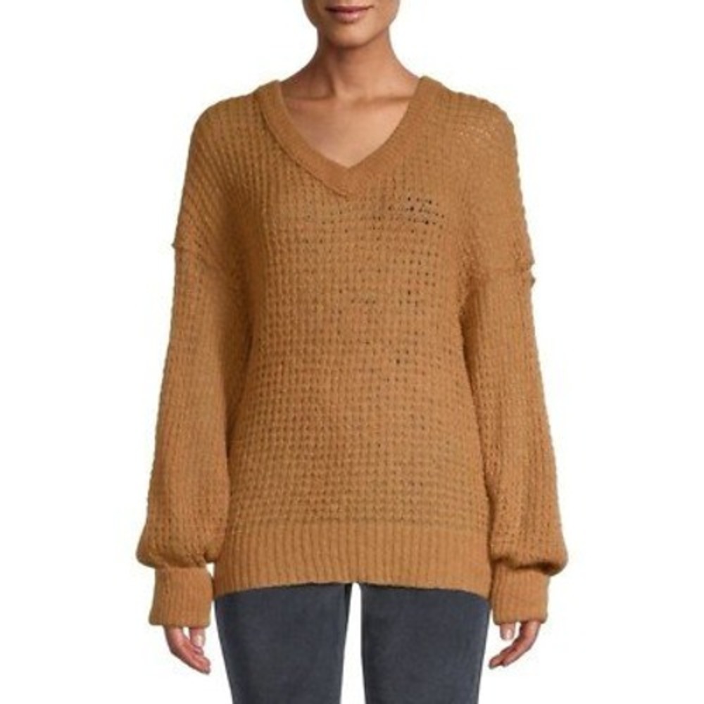 Free People Lulu Sweater Womens Sz XS Brown Open Knit Alpaca Wool Oversized Fall